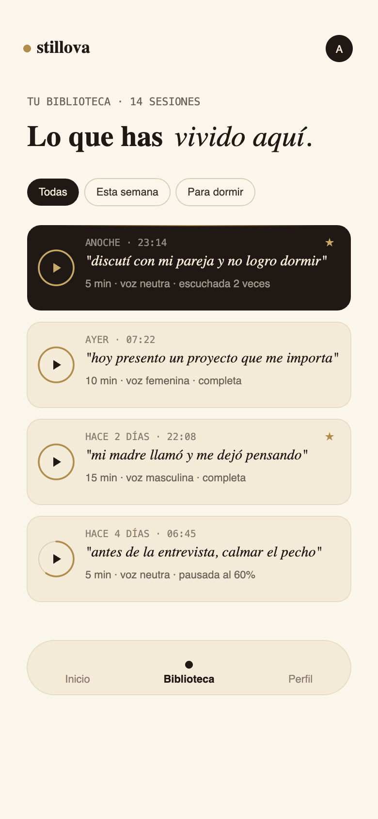Captura de la biblioteca de Stillova mostrando sesiones guardadas con sus frases originales.