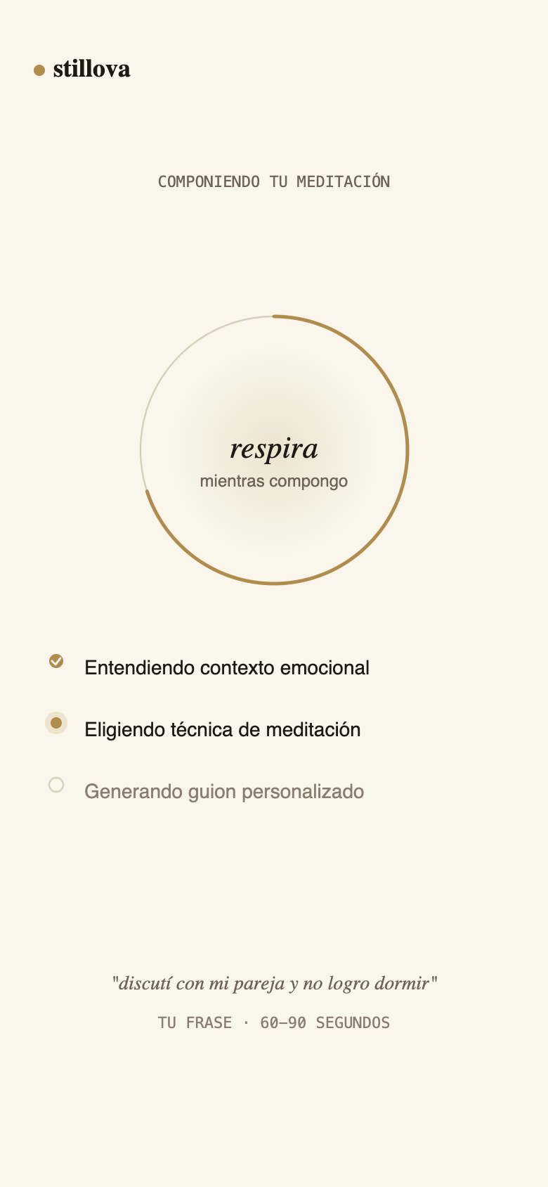 Pantalla de carga mostrando los pasos: entendiendo contexto emocional, eligiendo técnica, generando guion.