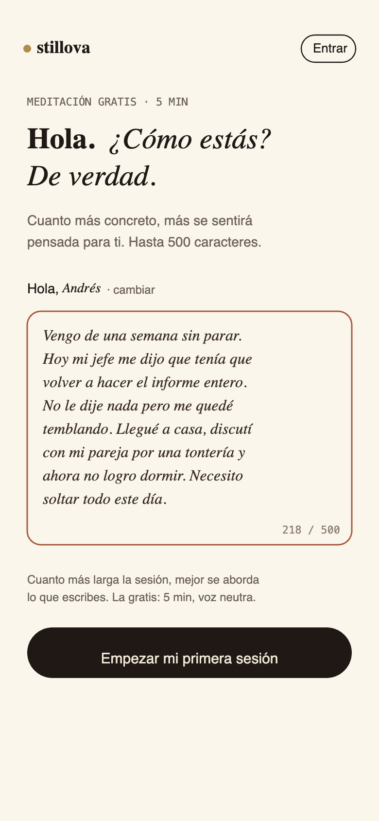 Captura de la pantalla donde el usuario escribe cómo se siente.